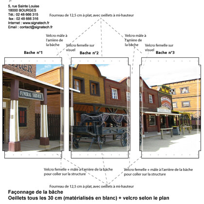 Vends décors théatre sérigraphiés 6m x 3m (style western (rue diligence, bar saloon, drapeau us)