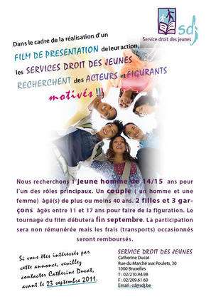 Dans le cadre de la réalisation d’un film de présentation de leur action, les Services droit des jeunes recherchent des acteurs et figurants motivés !!!