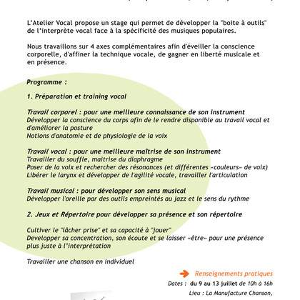 Stages de chant "L'interprète vocal"  du 9 au 13 juillet à Paris