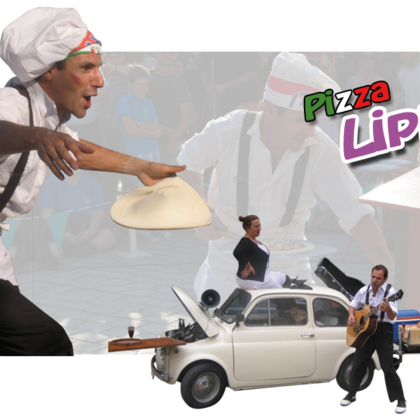 Spectacle de rue alliant humour, jonglerie de Pizza et cirque